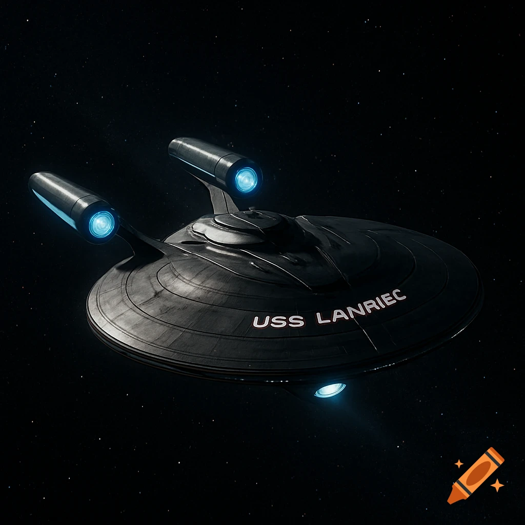 A detailed dark gray Star Trek style spaceship, USS LANRIEC, with glowing blue nacelles and lights, floats in deep space with distant stars.