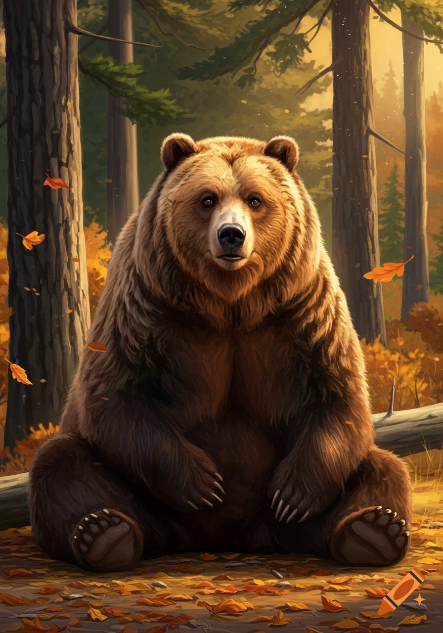 A majestic grizzly bear sits on the ground in a sunlit autumn forest, surrounded by fallen leaves, in a detailed digital painting style.