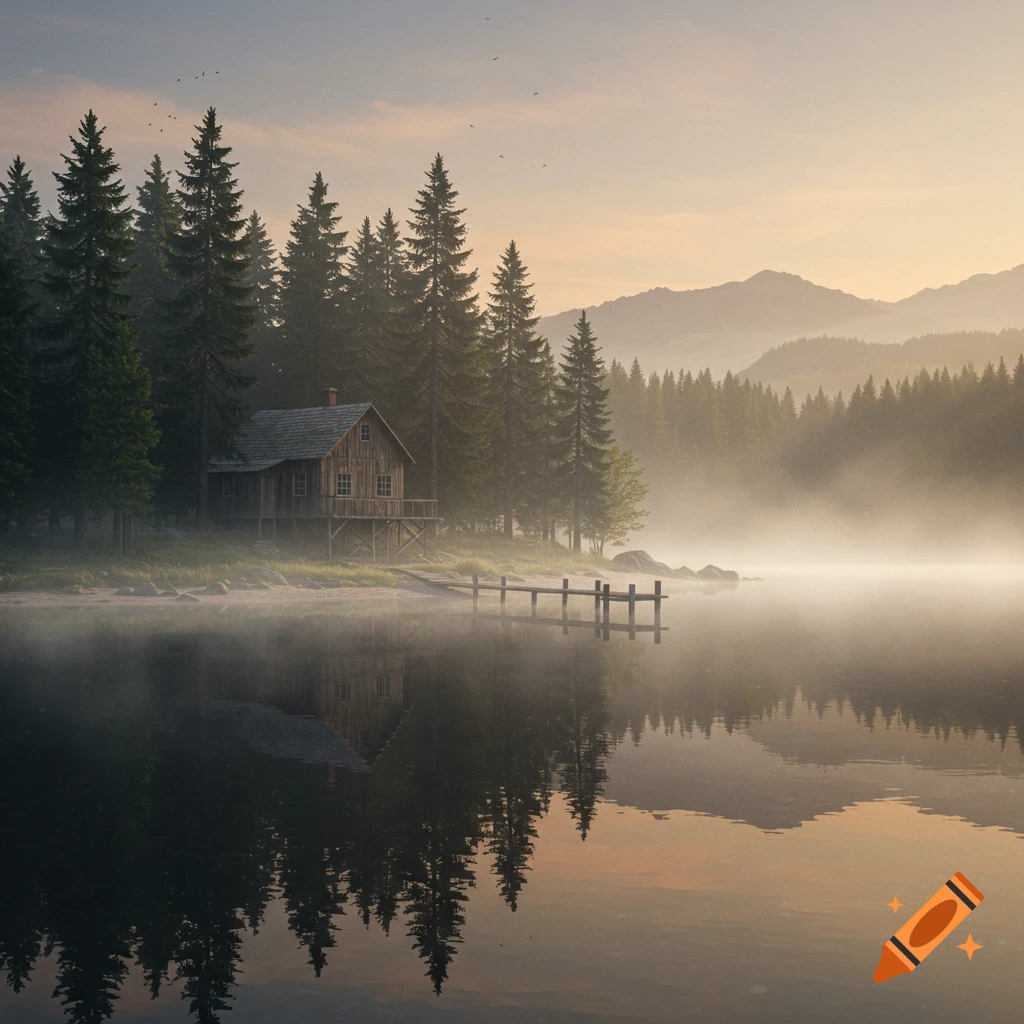 A rustic wooden cabin sits by a calm, misty lake surrounded by tall pine trees and distant mountains at sunrise or sunset.