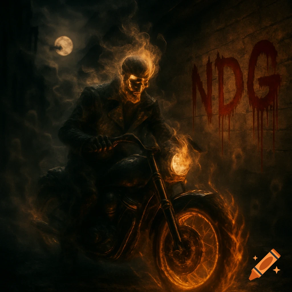 A dark fantasy-horror image of a flaming skeletal figure on a motorcycle, with a full moon and 'NDG' written in blood on a wall.