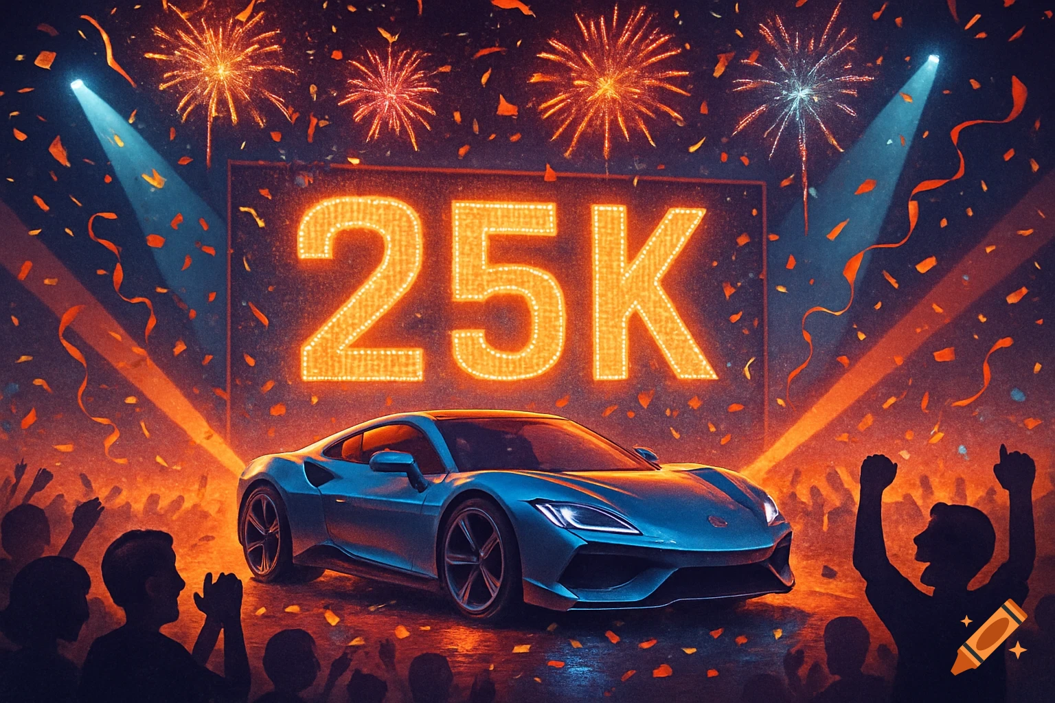 A digital illustration of a blue sports car on a stage, with glowing '25K' text, fireworks, confetti, and a cheering crowd.