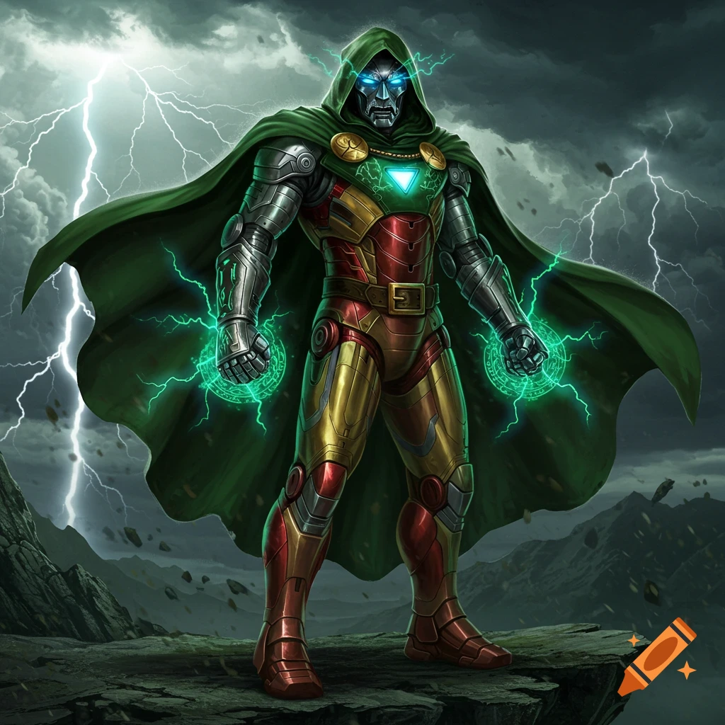 A powerful figure in a green cloak and metallic red and gold armor, with glowing blue eyes and green energy emanating from hands, stands amidst lightning on a rocky peak.