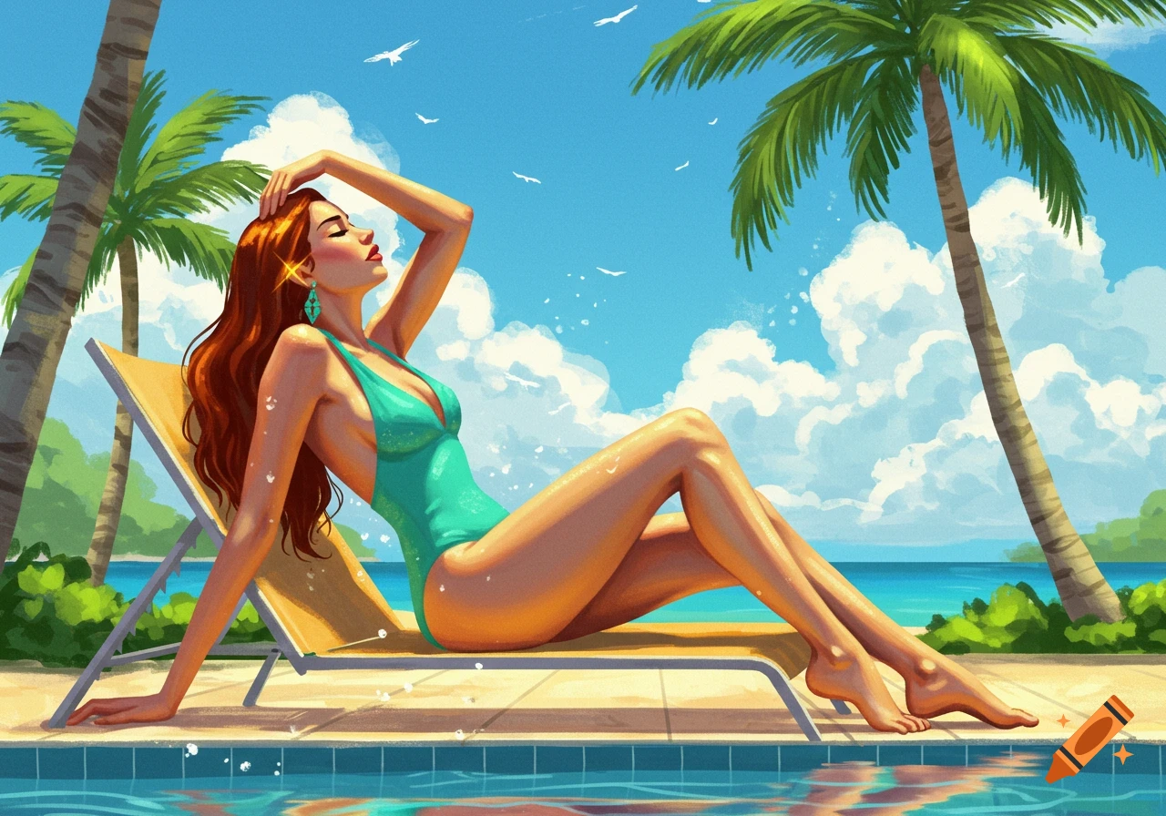 Illustrated woman in a turquoise swimsuit sunbathing by a pool with palm trees and ocean in the background on a sunny day.