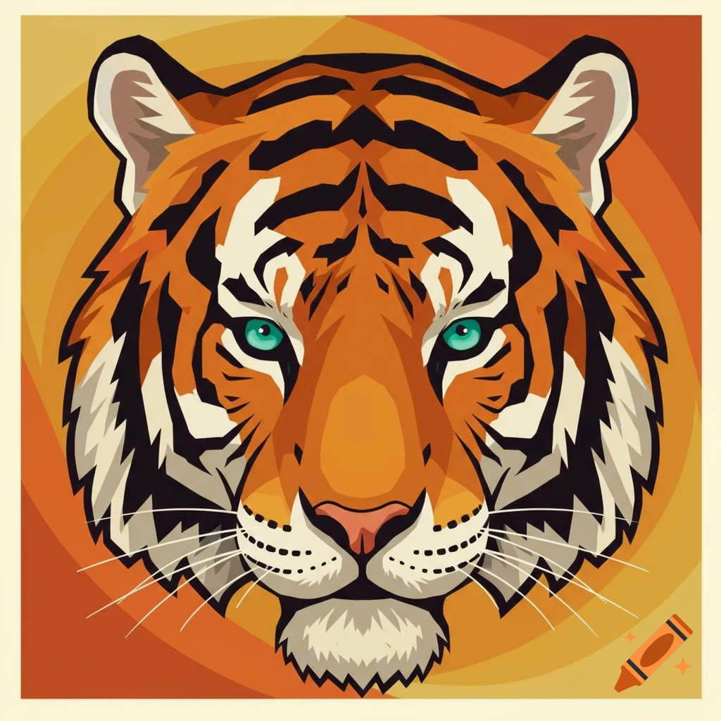 A stylized retro graphic of a tiger's face with orange and black stripes and bright teal eyes against a warm-toned background.