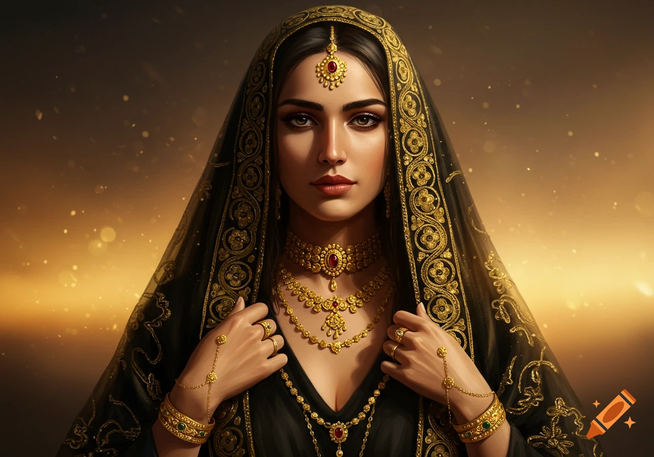 A hyperrealistic portrait of a noble Arab woman, veiled in black and gold, adorned with extensive gold jewelry.