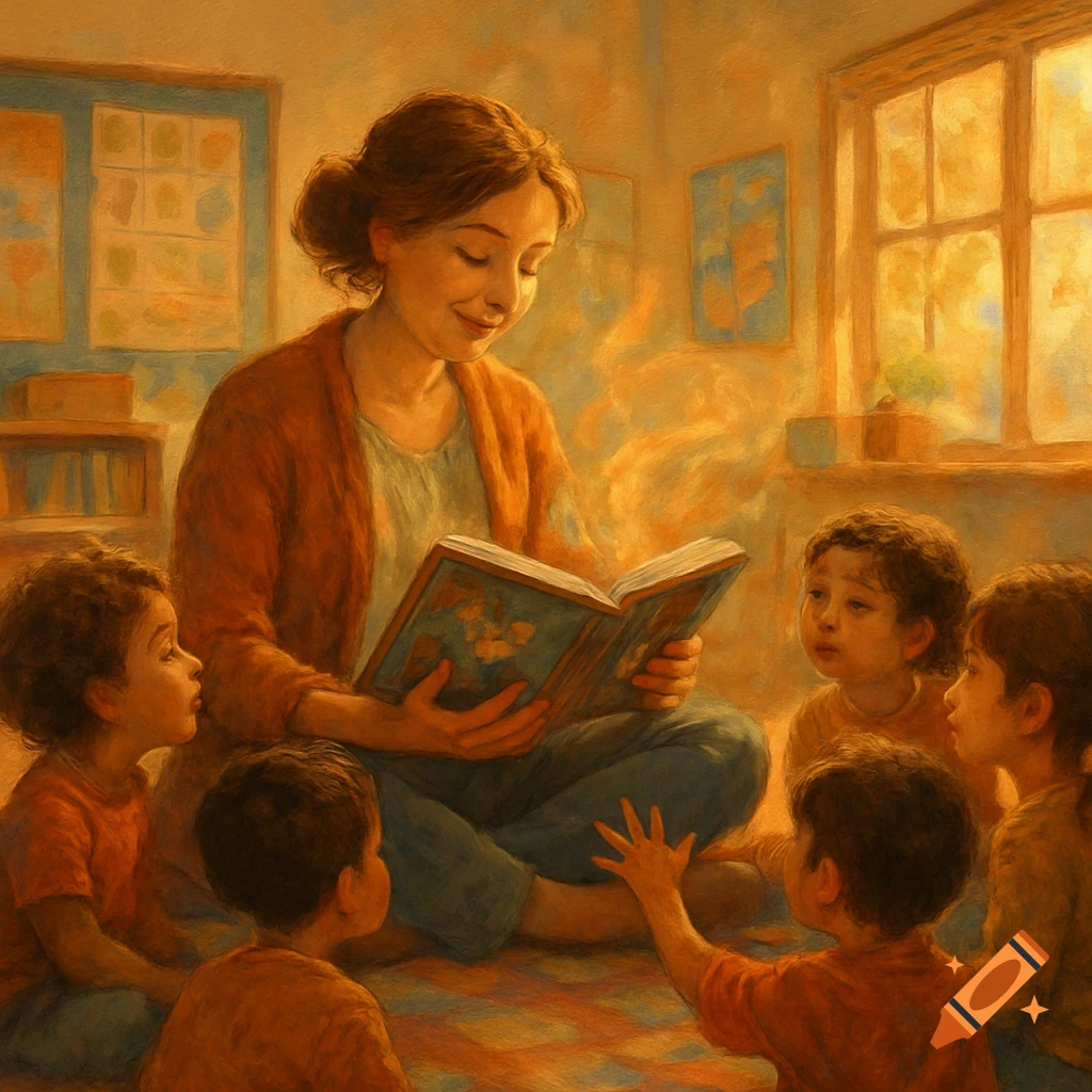 A teacher reads a book to a group of children sitting on the floor in a warm, painterly classroom.