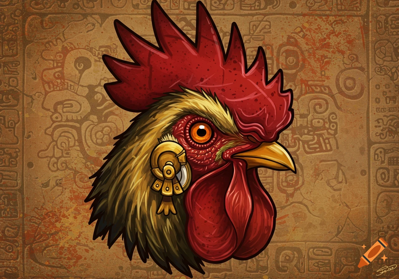 Stylized rooster head in Mayan or Aztec art style with a golden earring on a patterned background.