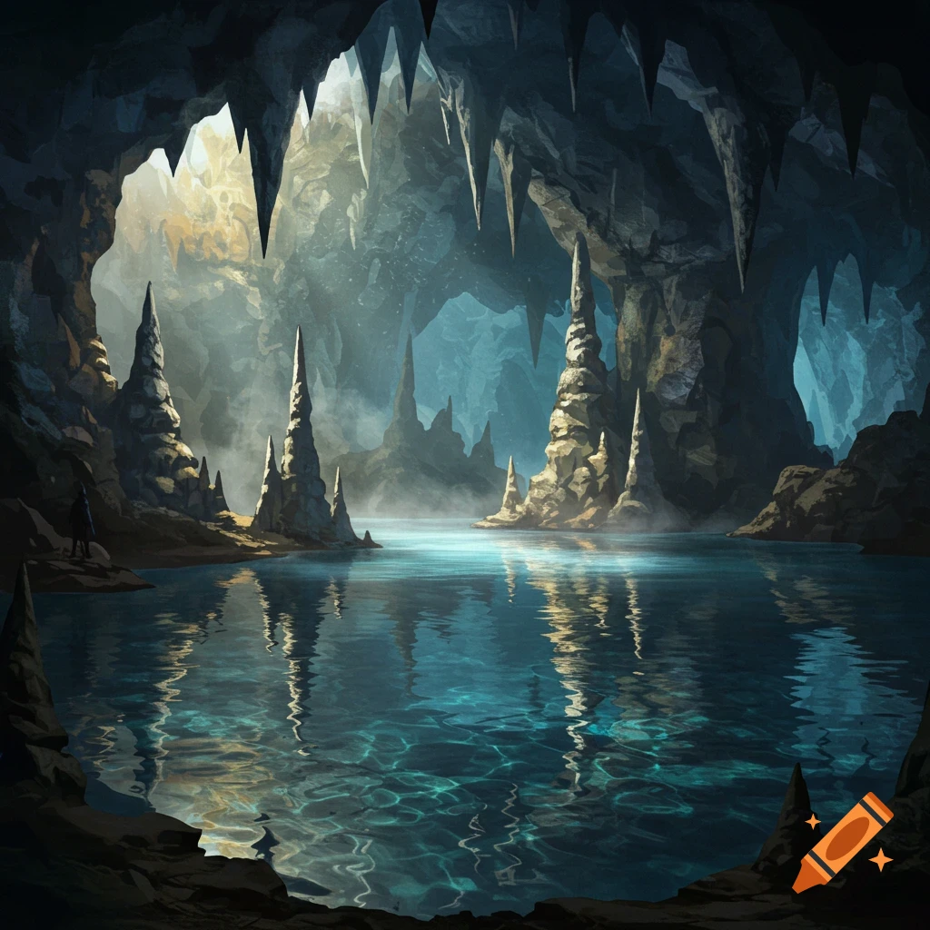 A deep cave with a tranquil blue underground lake reflecting tall stalagmites under light from an opening above.