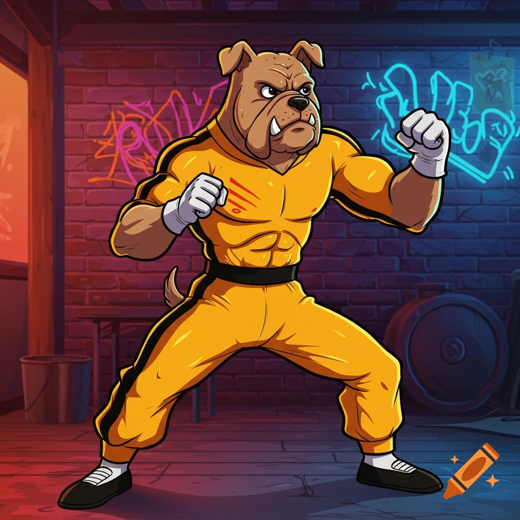 Cartoon bulldog dressed in a yellow martial arts suit, in a fighting stance, against a brick wall with neon graffiti.