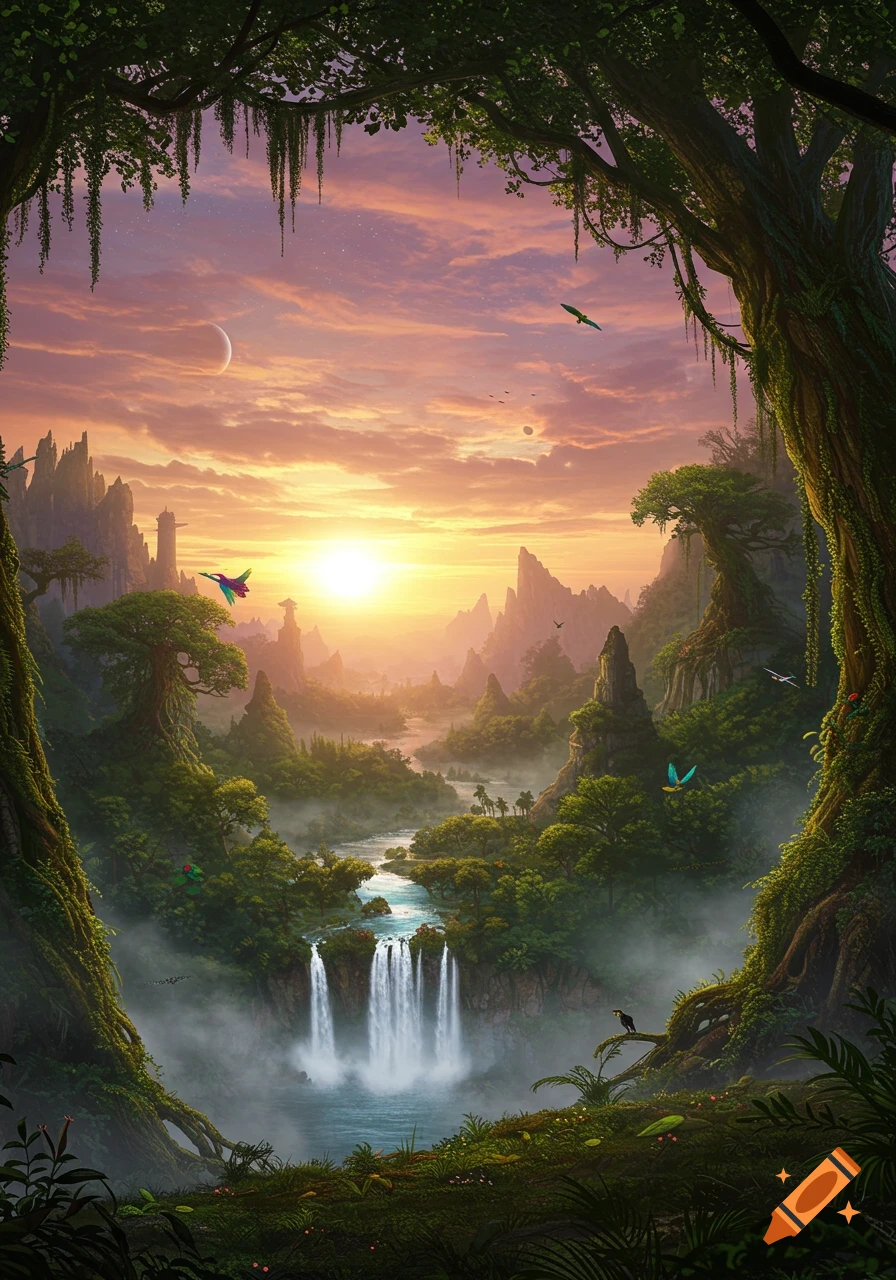 A vibrant fantasy jungle landscape at sunset with waterfalls, mountains, towering trees, and colorful birds under an orange and pink sky.