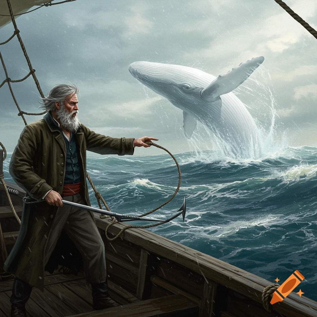 A grizzled man on a ship holds a harpoon as a large white whale breaches from stormy seas under a cloudy sky.