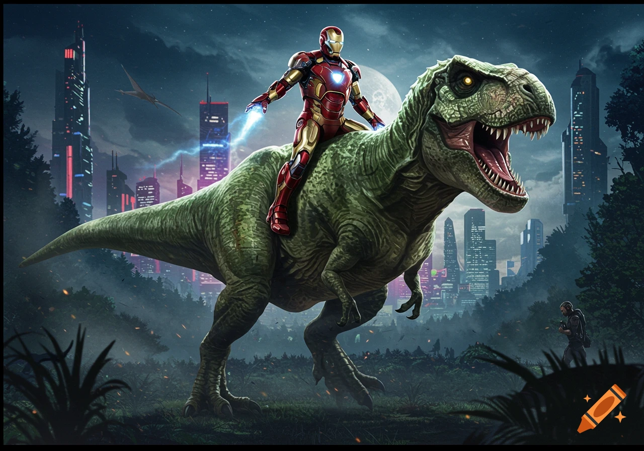 Iron Man rides a green T-Rex through a forest with a futuristic city and full moon in the background at night.