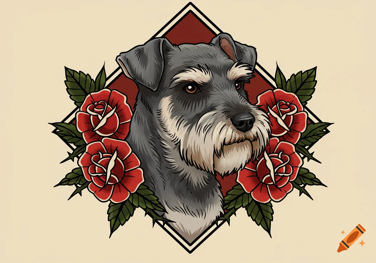 American traditional tattoo of a schnauzer with red roses and green leaves, set within a black and red diamond frame.