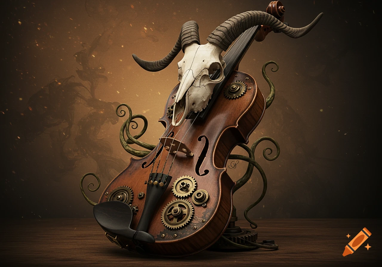 A gothic steampunk violin adorned with a goat skull, brass gears, and swirling vines against a dark, textured background.