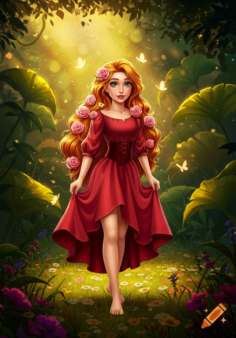 A cartoon maiden with long red hair adorned with pink roses, wearing a red dress, standing barefoot in a sunlit forest.