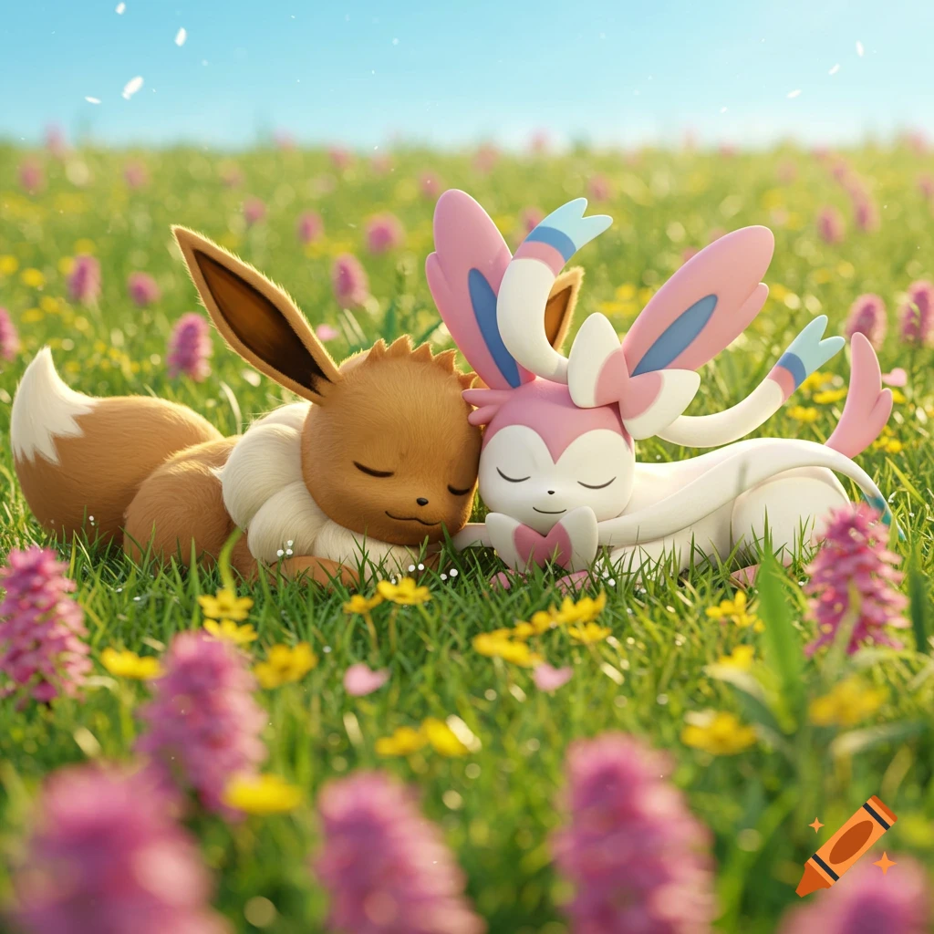 Eevee and Sylveon from Pokemon sleeping peacefully in a sunny flower field with pink and yellow flowers.