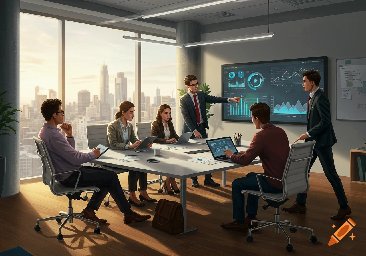 A diverse group of business professionals collaborates in a modern office, one pointing at a large screen displaying data, with a cityscape view outside the window.