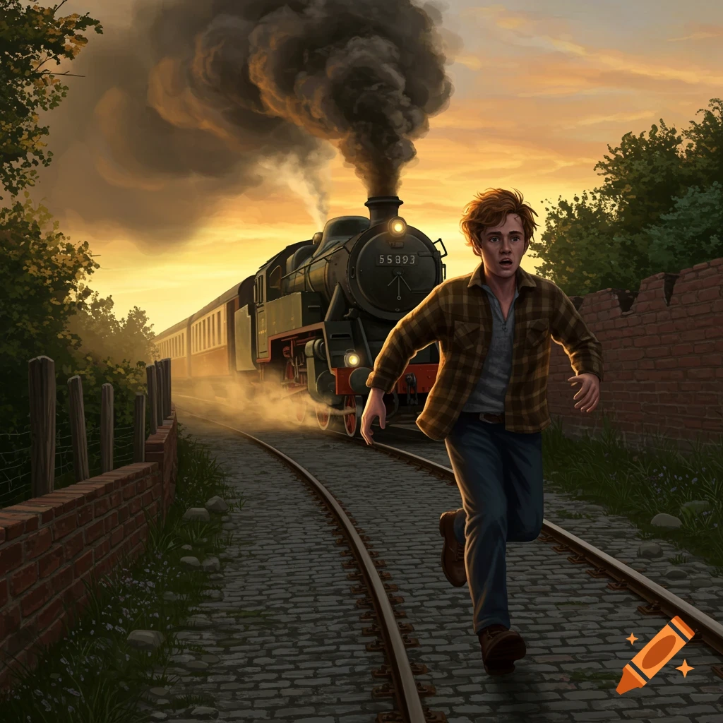 A young ginger man runs in fear down train tracks as a large, steaming train approaches from behind at sunset.