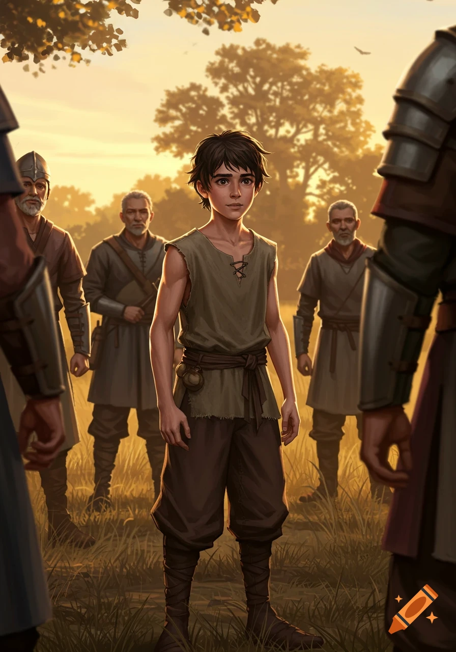 A young boy in simple attire stands in a golden field at sunset, surrounded by several armored men, digital painting.