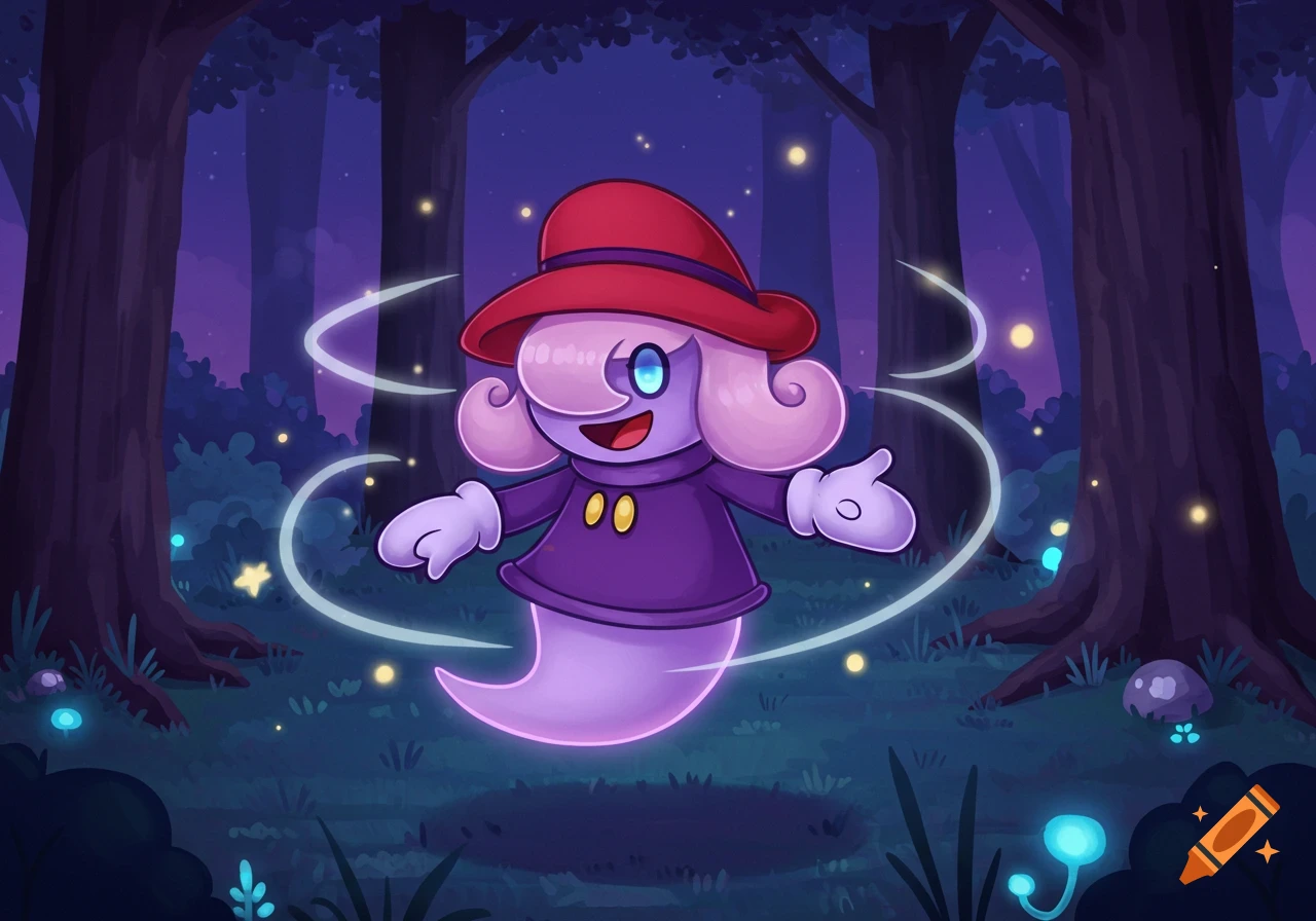 A cartoonish purple ghost-like character wearing a red hat floats in a dark, magical forest with glowing plants.