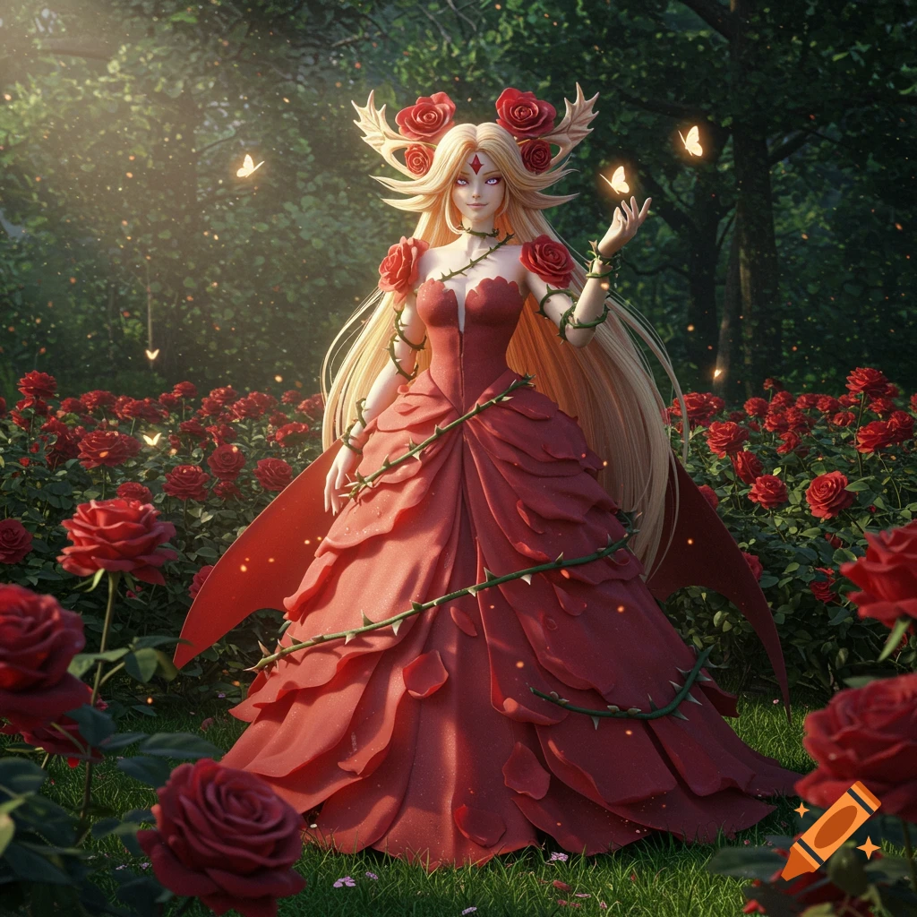 A blonde fantasy character in a red rose dress stands in a lush rose garden, holding a butterfly.