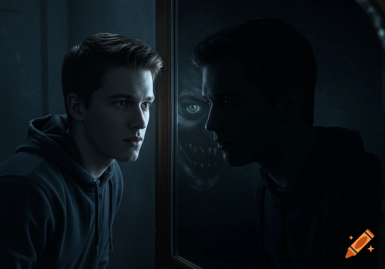 Young man in a hoodie looks into a mirror revealing a monstrous, shadowy reflection with glowing eyes in a surreal, dark scene.