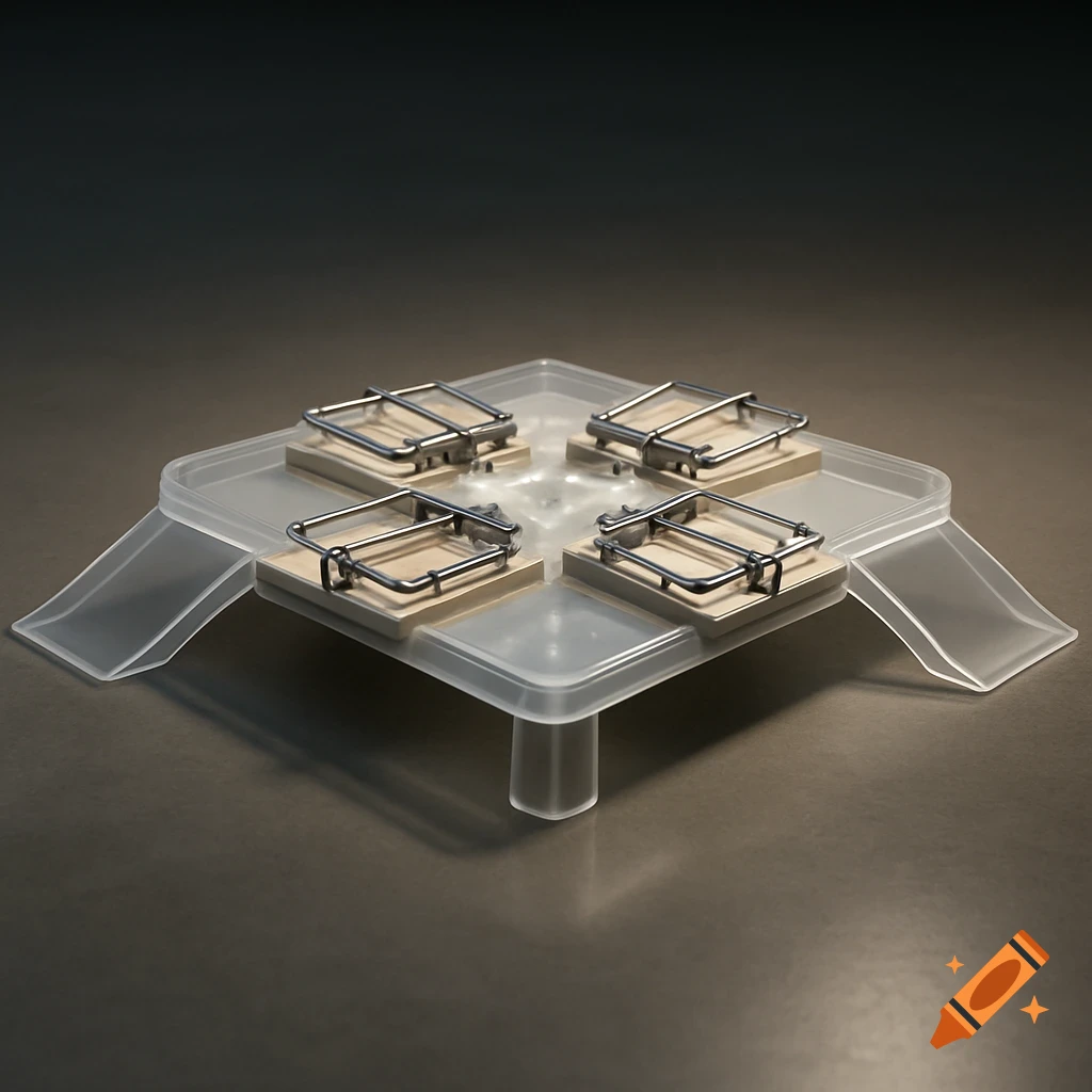 A square, translucent plastic base with four metal mouse traps arranged on it, with ramps on each side, set on a dark surface.