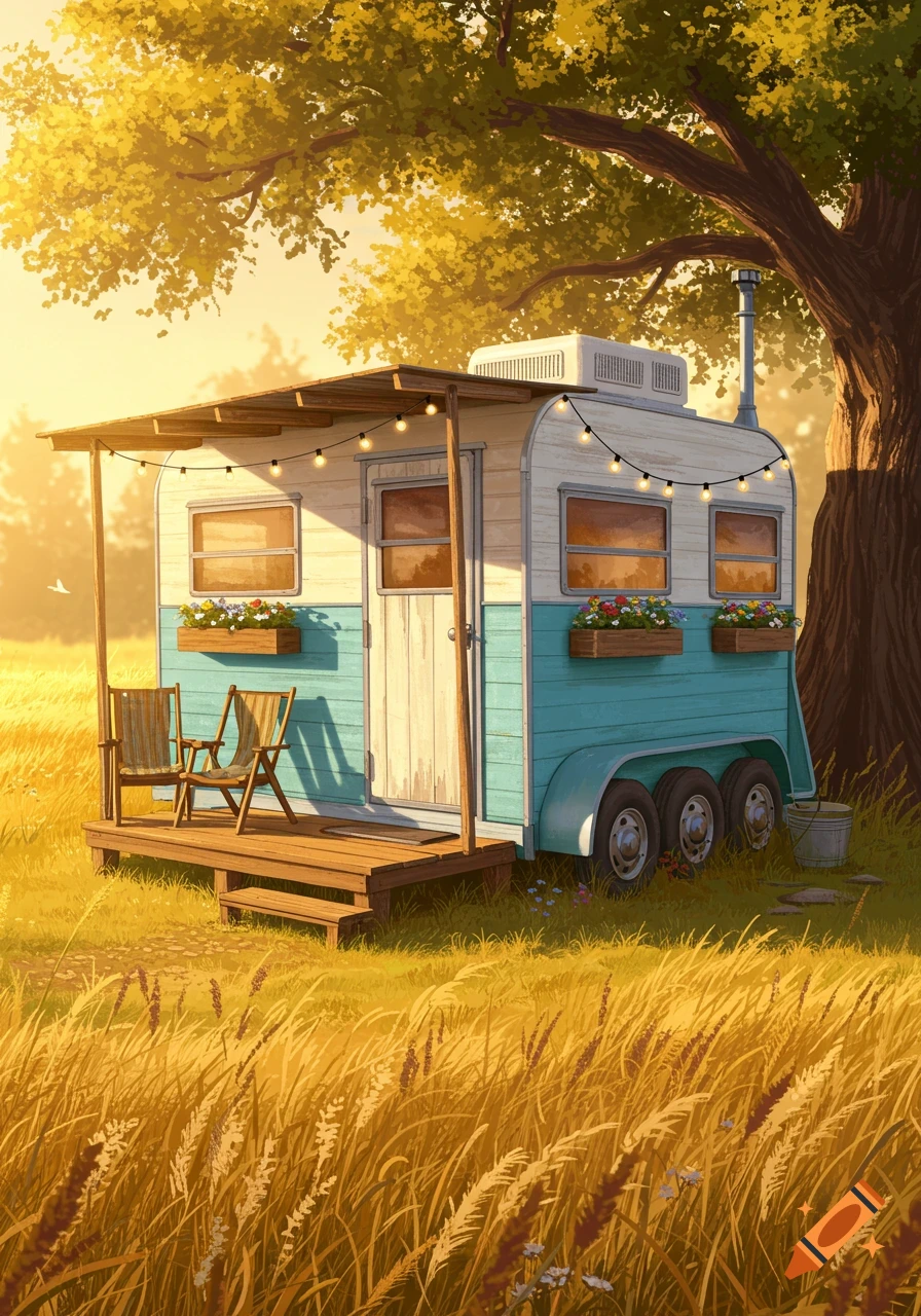 An illustrative scene of a teal and white converted horse trailer mobile home with a porch and string lights, surrounded by golden grass and a large tree at sunset.