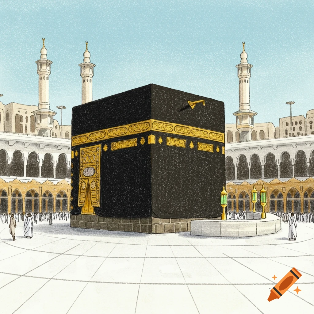 An illustration in crayon style depicts the Kaaba, a large black cube building with golden patterns, surrounded by the white courtyard and minarets of the Grand Mosque in Mecca, under a clear blue sky. A few people are seen in the courtyard.