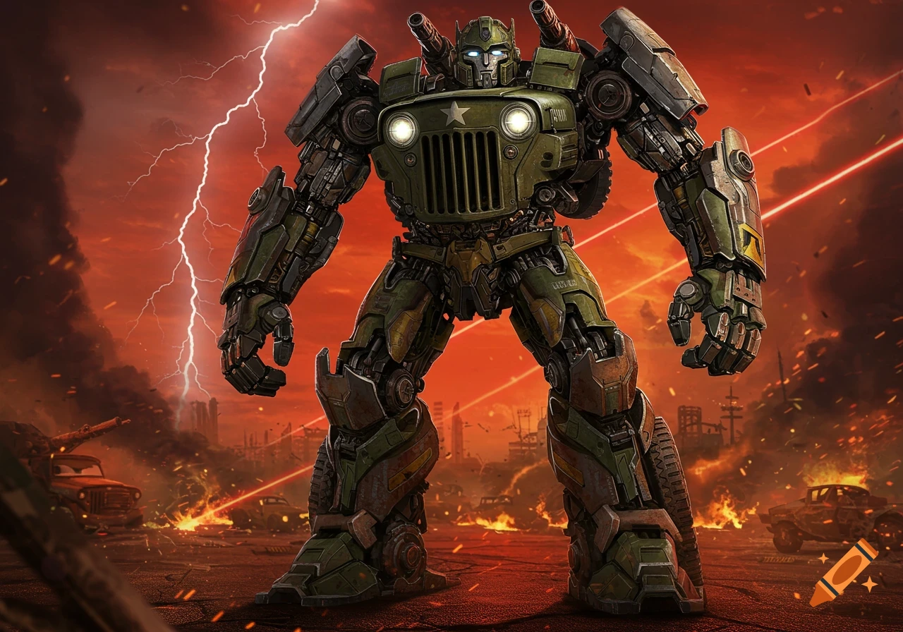 A large, green, armored robot with a Jeep grille chest stands in a war-torn landscape with explosions and lightning.
