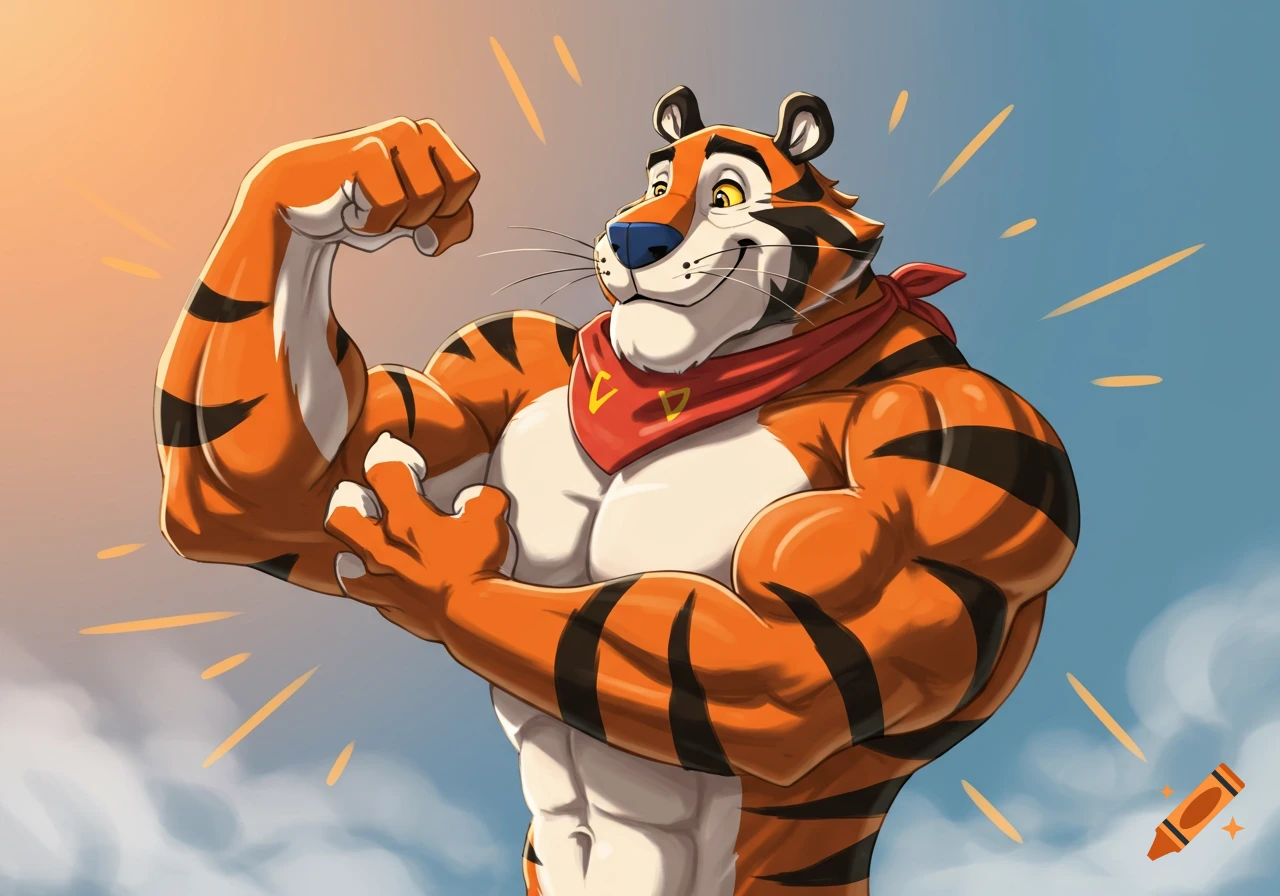 Cartoon of Tony the Tiger flexing his arm muscles and smiling confidently under a blue sky.