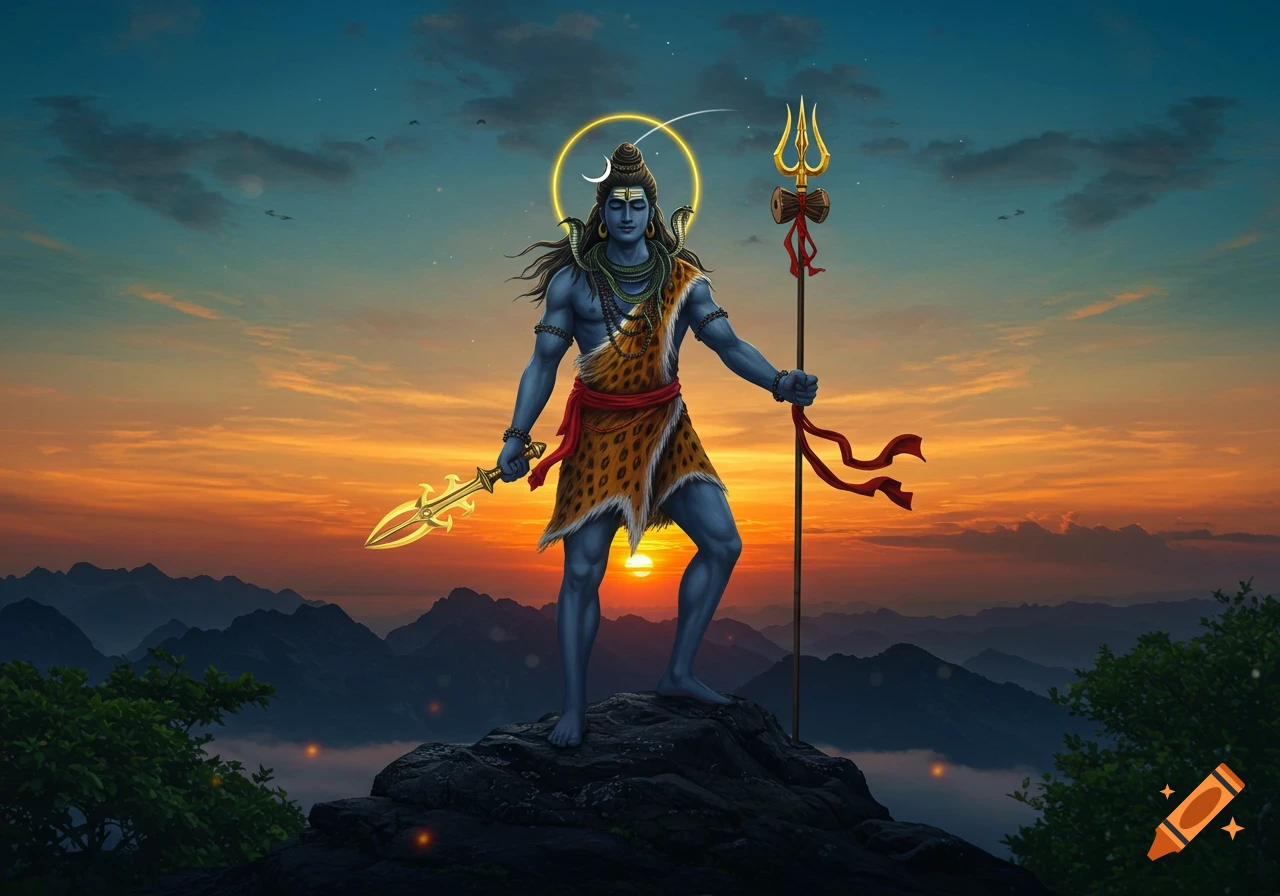 Lord Shiva with blue skin stands on a mountain peak at sunset, holding a golden trident and a dagger.