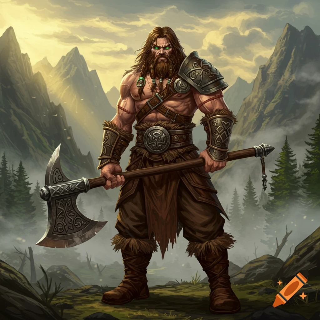 A burly barbarian man with long brown hair, beard, and green eyes, clad in fur and armor, holds a large axe in a mountain landscape.