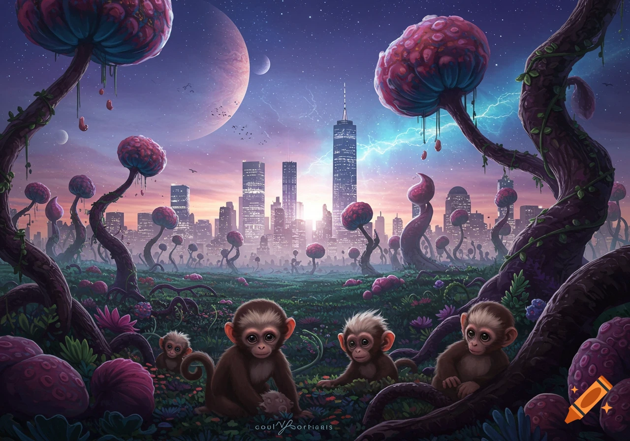 Cute baby monkeys in a fantastical alien landscape with giant mushroom-like plants and a city skyline under a twilight sky.