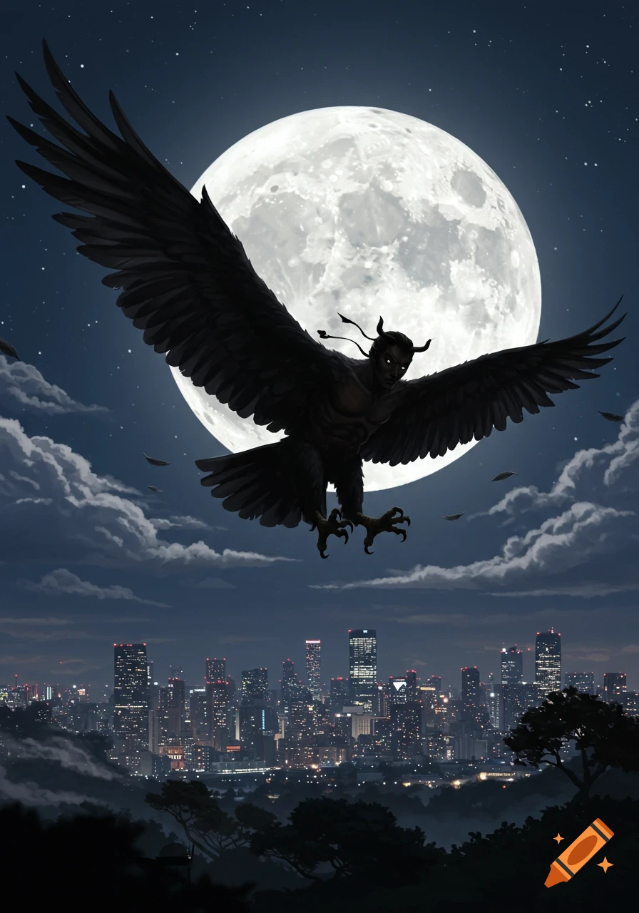 A dark, winged mythical creature with horns and talons soars against a bright full moon over a lit-up cityscape at night.