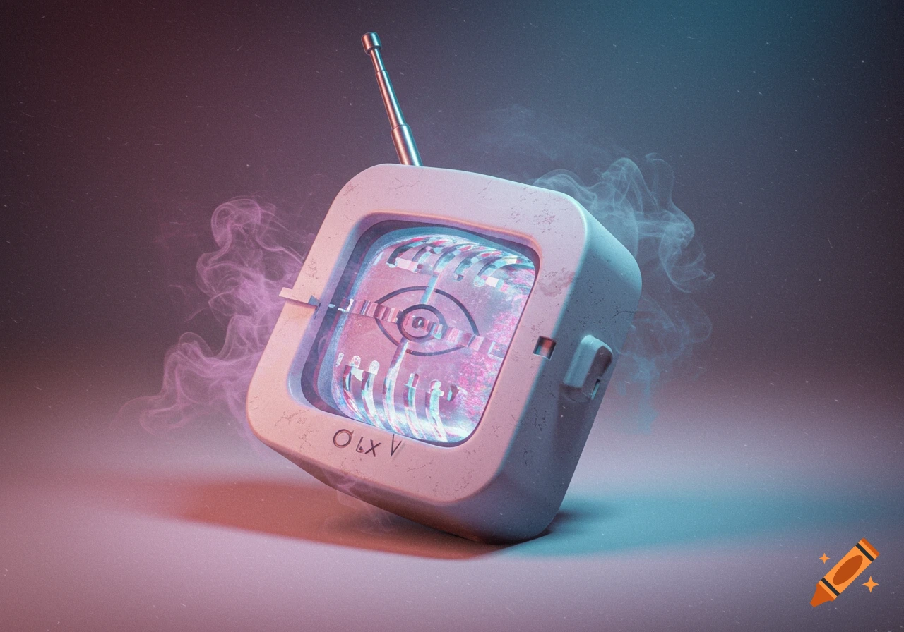 A cube-shaped device resembling a retro TV or microphone head, with an antenna and glowing, glitching screen displaying an eye symbol. Pale grays, purples, and blues dominate with smoke surrounding it.
