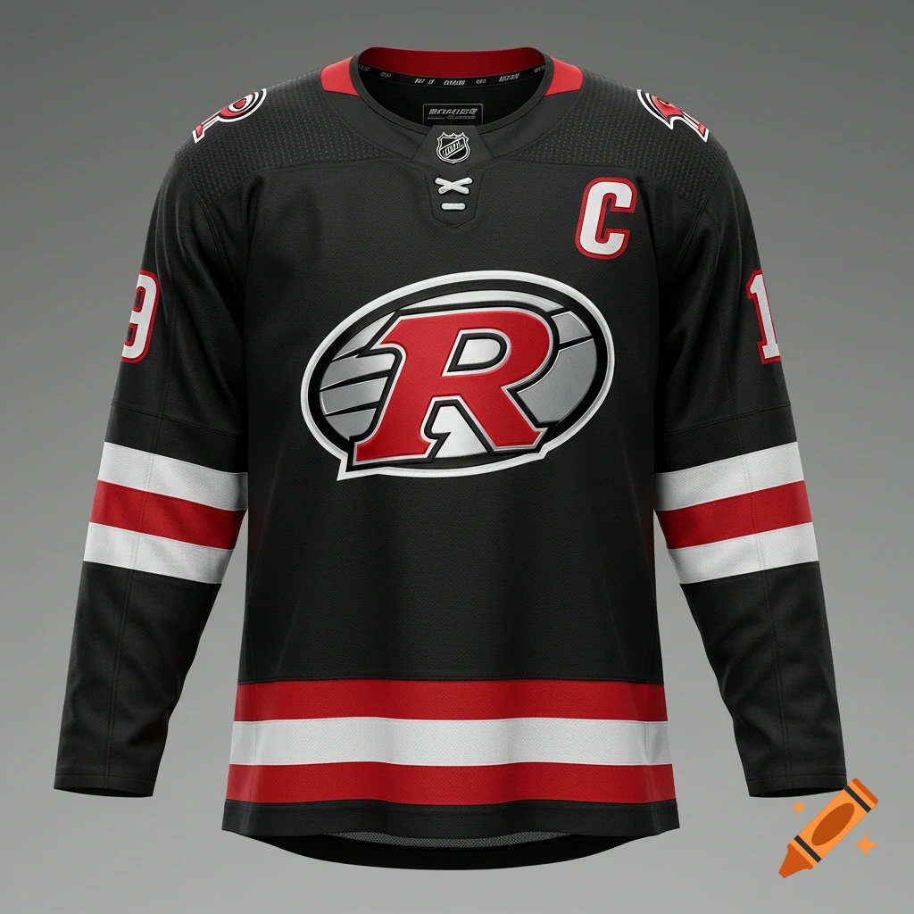 A photorealistic black hockey jersey with a stylized red 'R' logo, red and white stripes, and the number '19' on the sleeves.