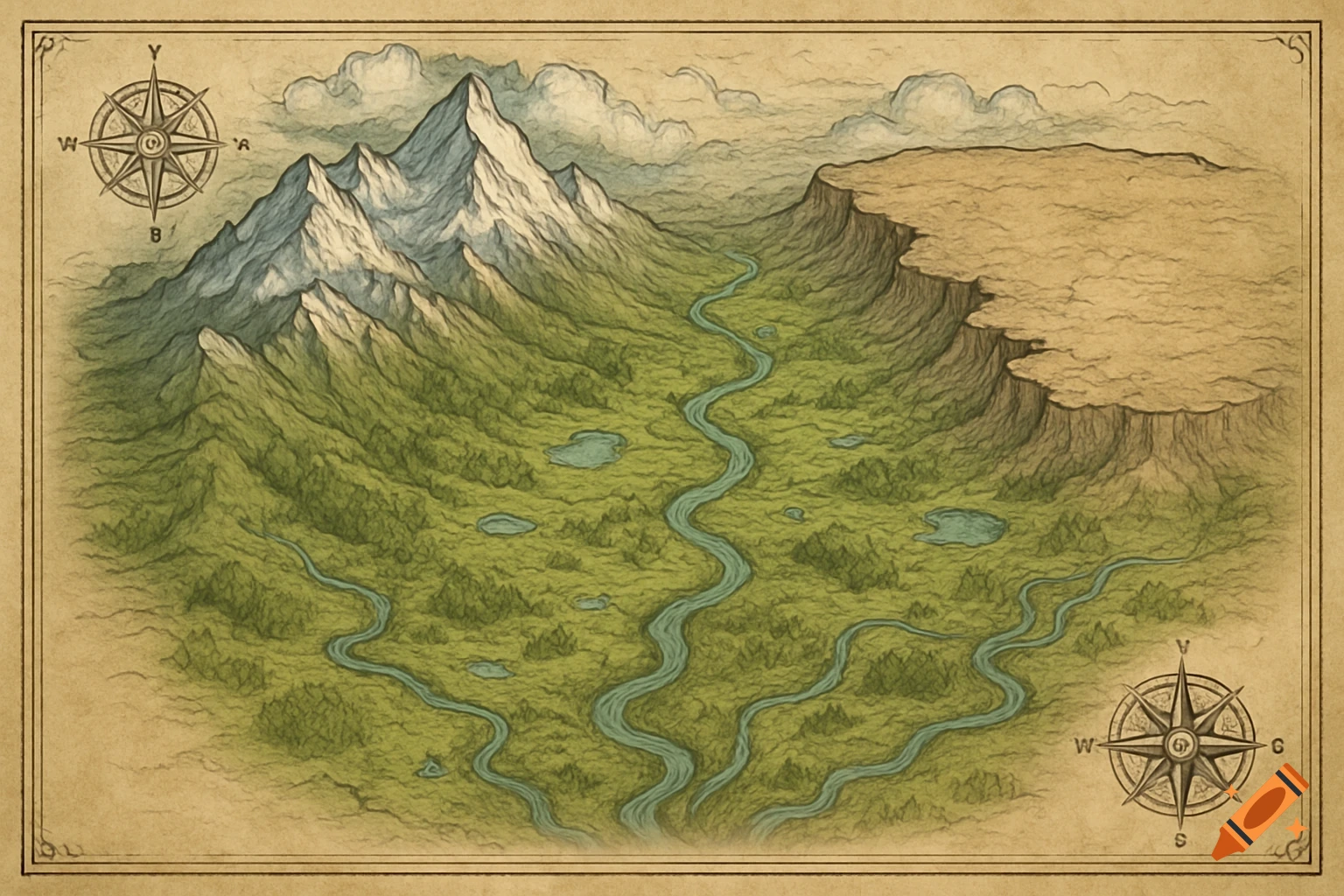 A vintage-style fantasy map showing a valley, winding river, lakes, mountains, and a flat plateau under a cloudy sky.