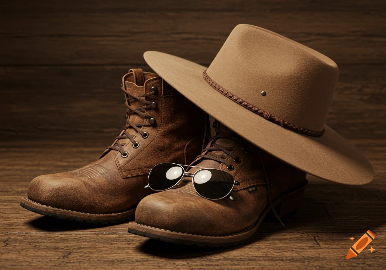 Photorealistic image of brown leather work boots, sunglasses resting on a toe, and a light brown felt cowboy hat, on a wooden surface.