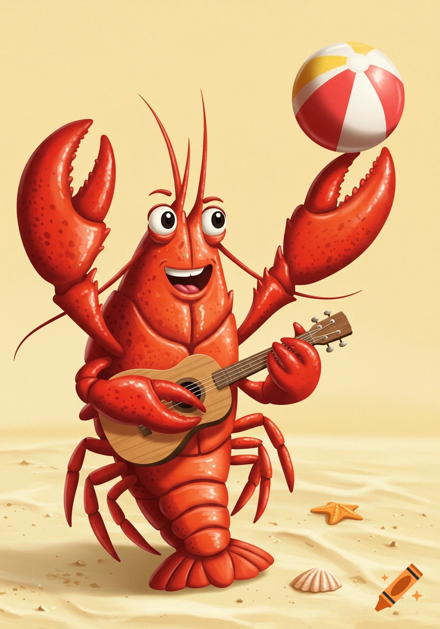 A cheerful red cartoon lobster plays a ukulele on a sandy beach, balancing a striped beach ball on its claw.