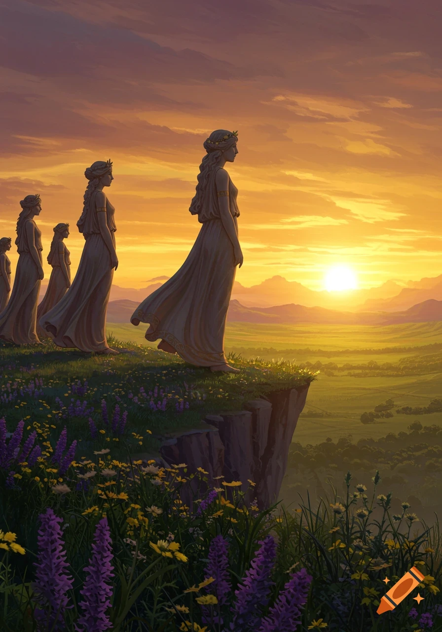 Five classical women stand on a cliff overlooking a verdant valley at sunset, with purple and yellow wildflowers in the foreground.