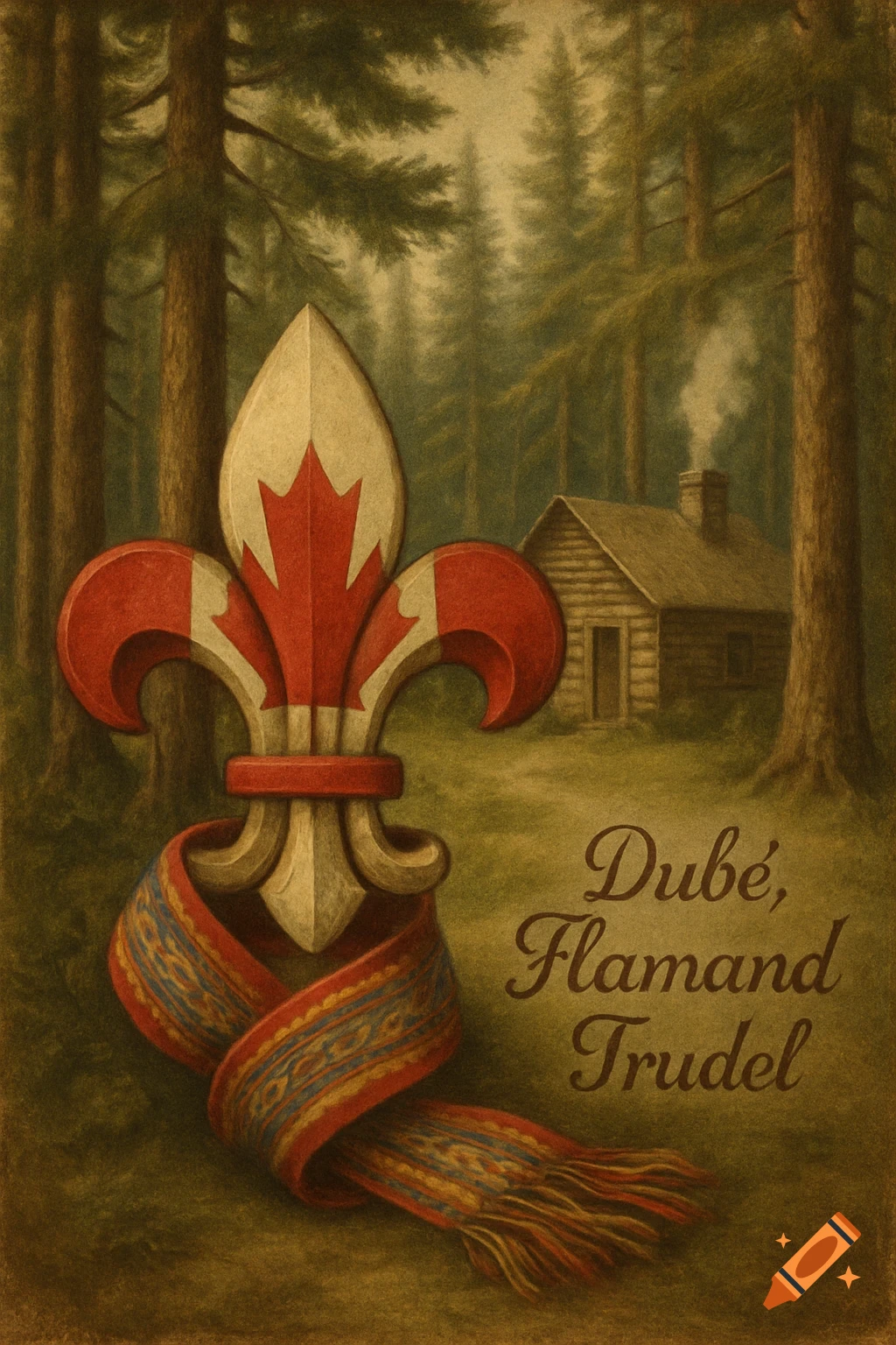 Antique painting of a fleur-de-lis with a Canadian flag design and traditional sash in a pine forest with a log cabin. Names Dub , Flamand Trudel.