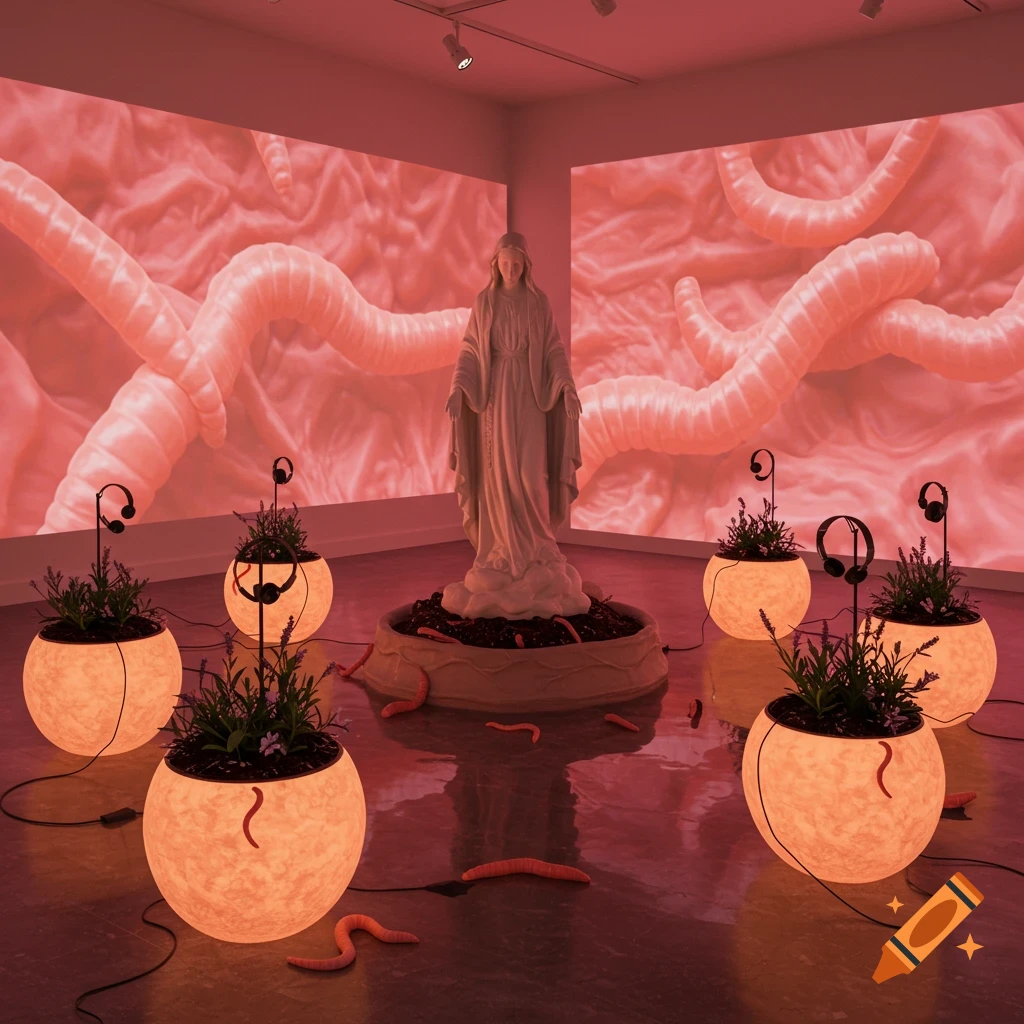 Surreal art installation with a Virgin Mary sculpture surrounded by glowing planters, headphones, and large projected worms.