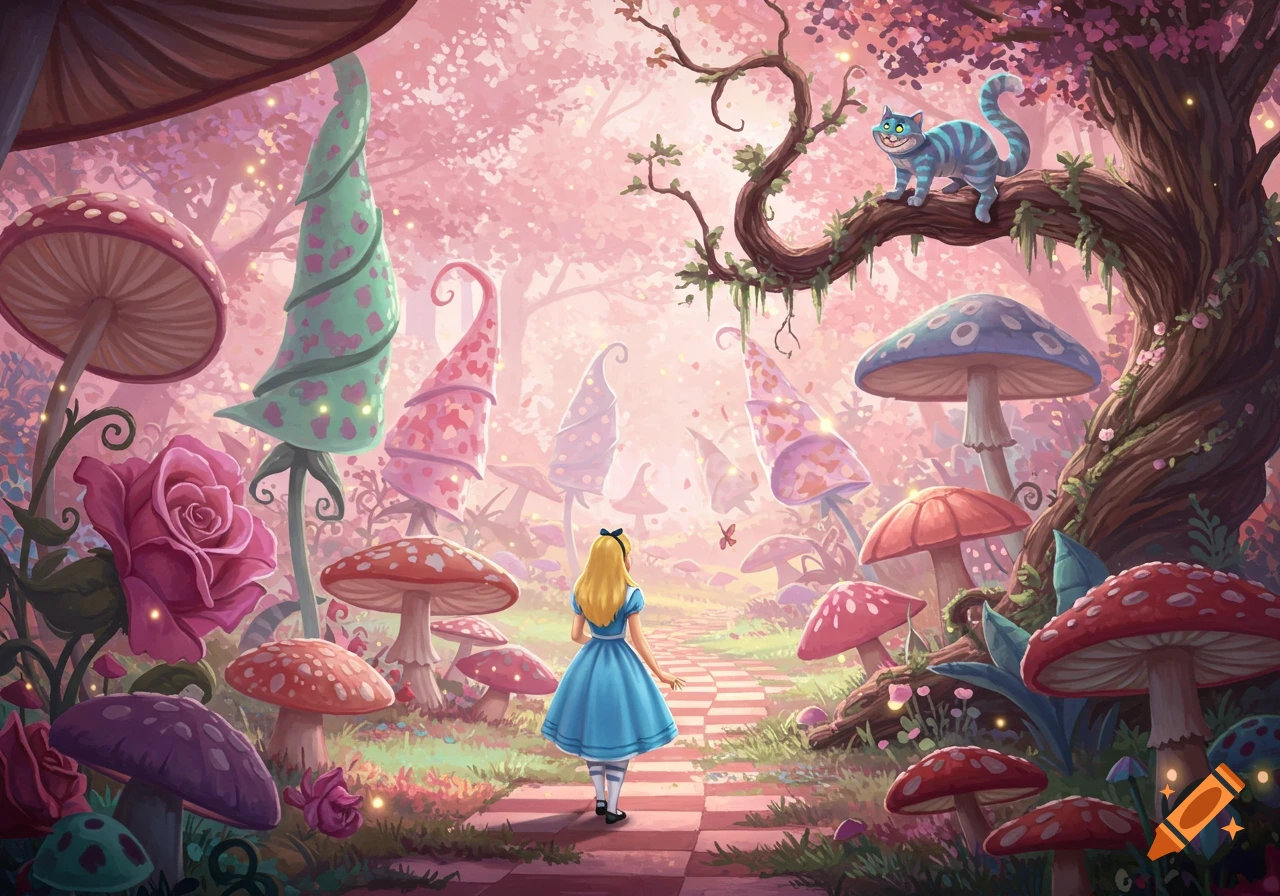 Alice in a blue dress walks on a checkered path through a vibrant pink fantasy forest with large mushrooms and the Cheshire Cat.