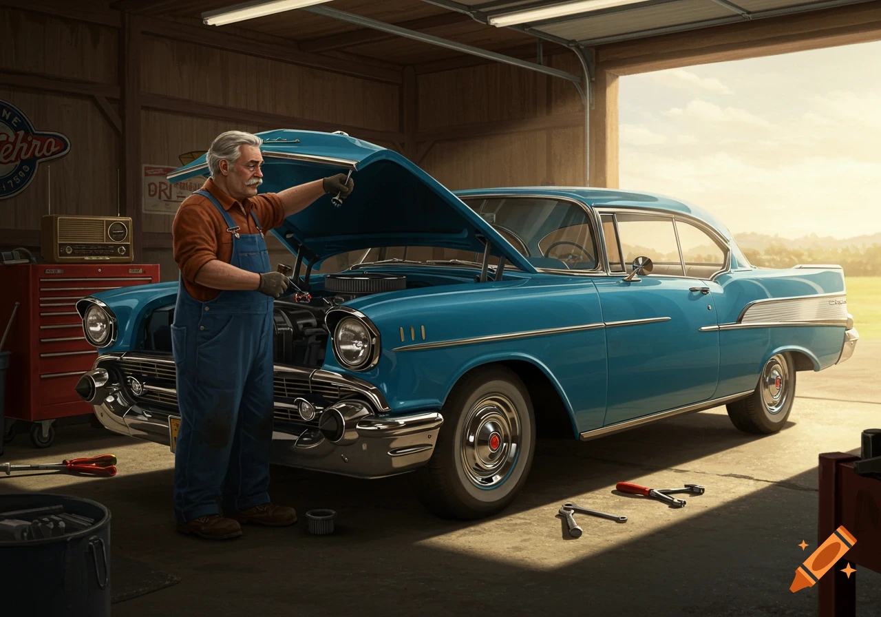 An old man with a mustache in blue overalls works on a teal 1957 Chevy Bel Air in a sunlit garage.
