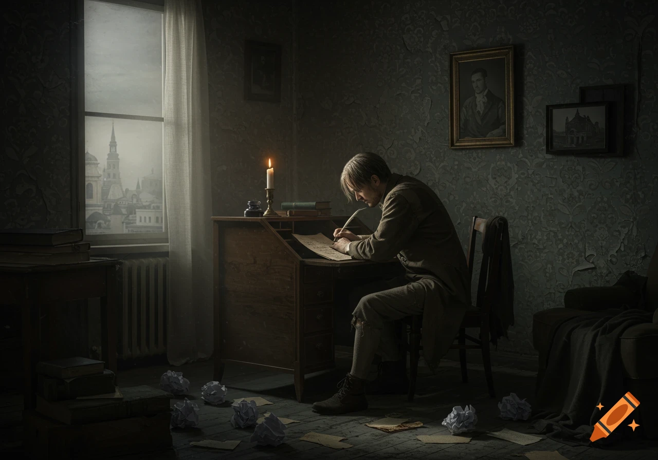 A man in shabby clothes writes with a quill at a wooden desk in a dimly lit, somber room with a large window looking out onto a city.