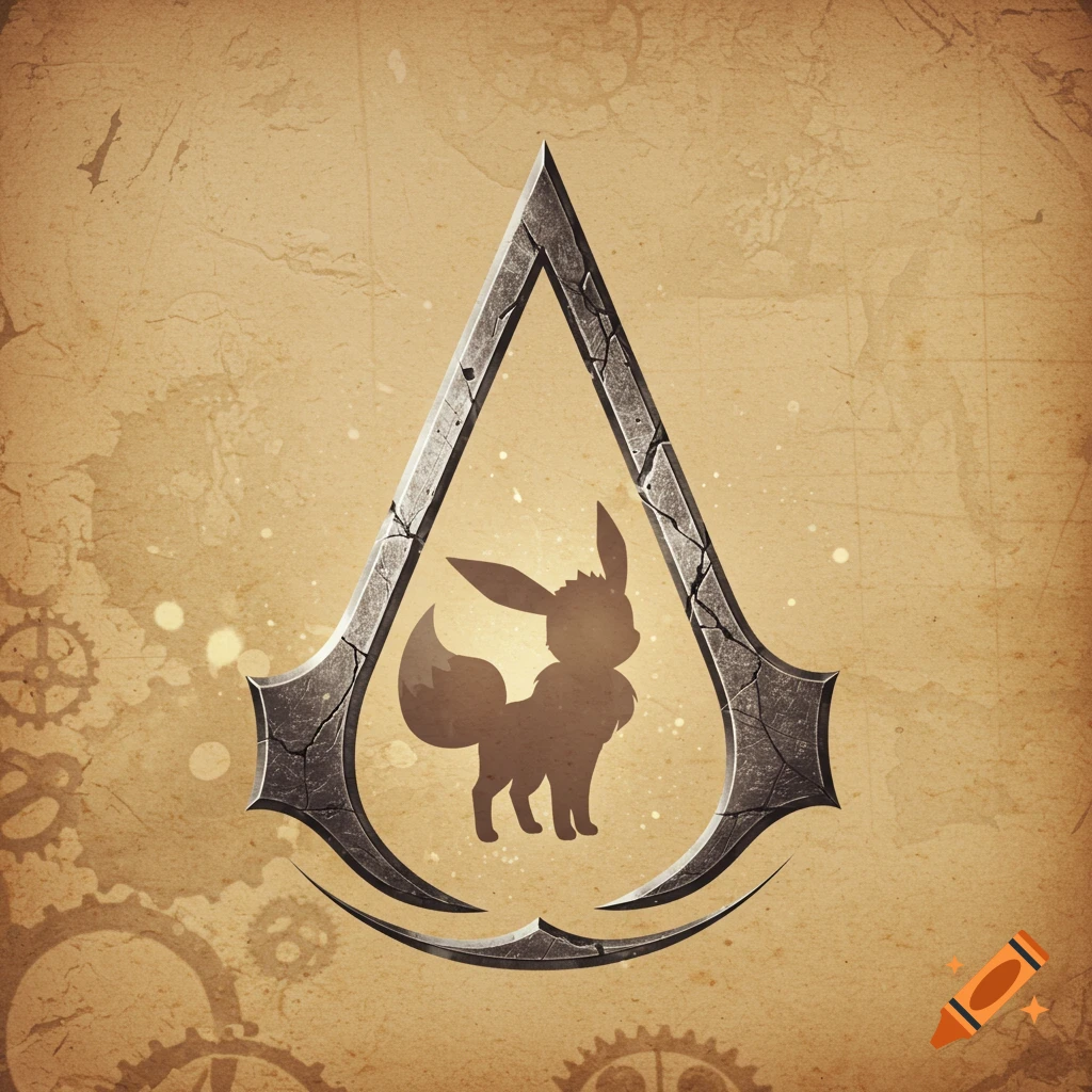 An Assassin's Creed symbol with a silhouette of Eevee in the middle, on a vintage parchment-like background with gears.