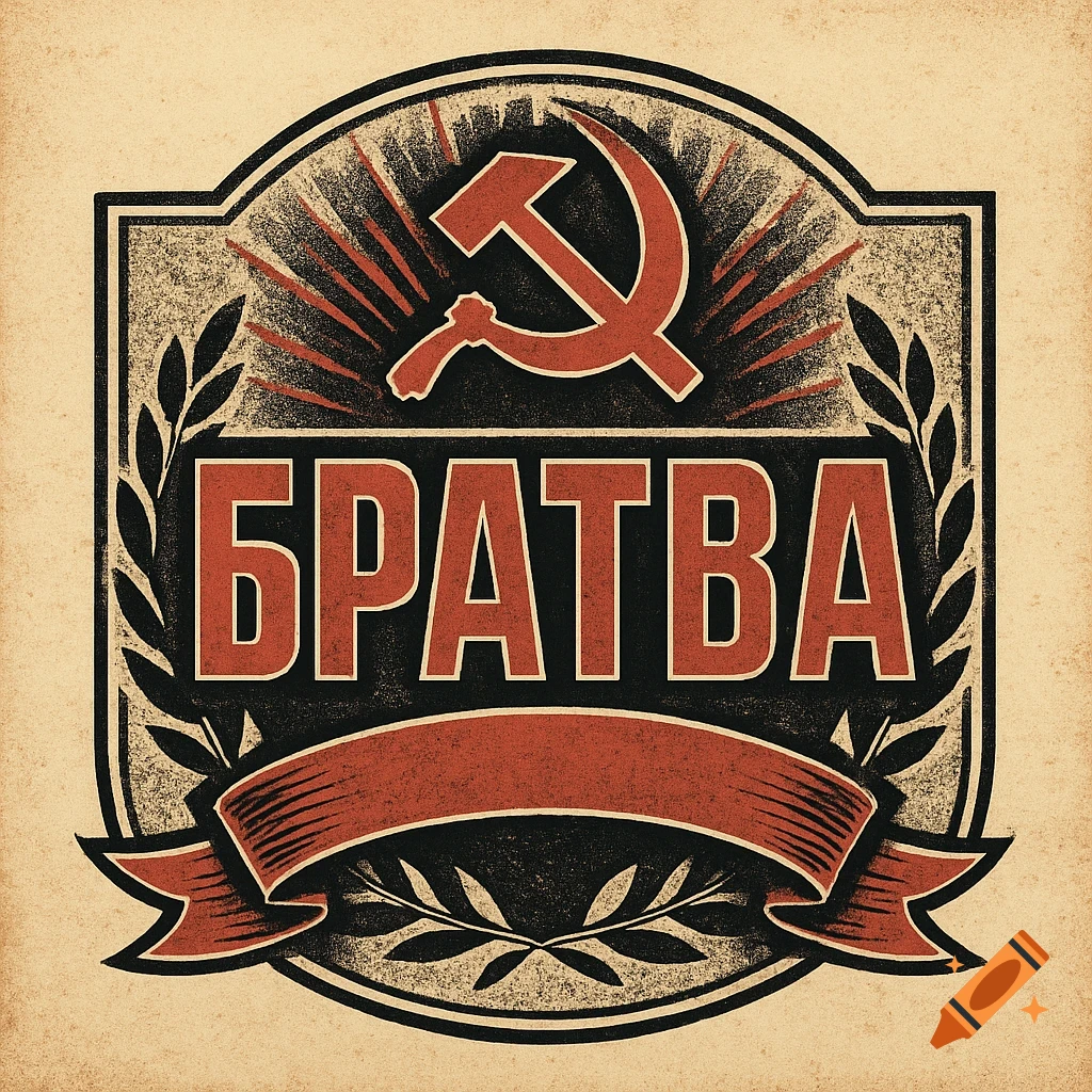 A vintage Soviet-era style logo with a red hammer and sickle above the Russian word "БРАТВА" (Bratva) in bold red letters, all set on a dark, gritty background with radiating red lines and laurel wreaths.