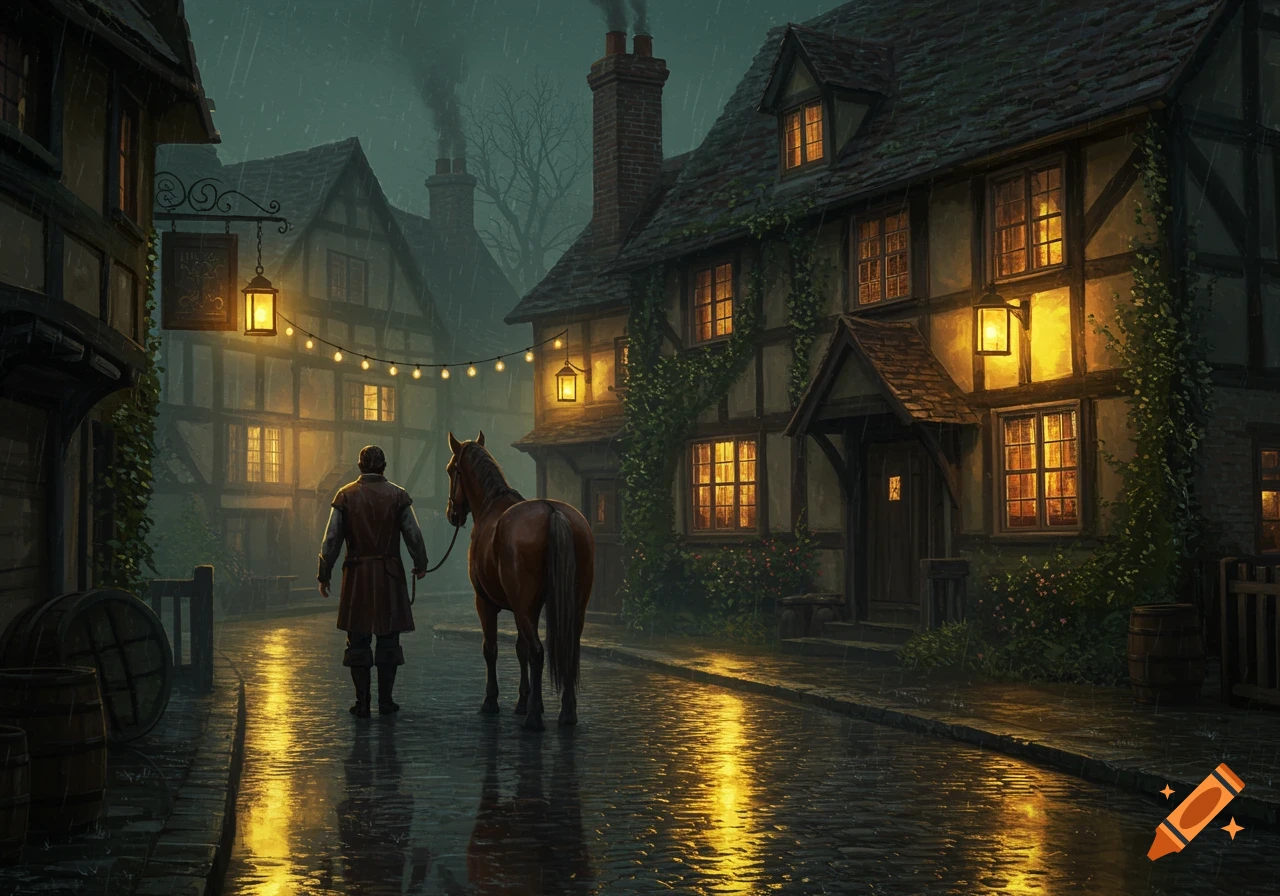 A man leads a horse down a wet, cobblestone street past an illuminated 17th-century English tavern on a rainy night, digital painting.