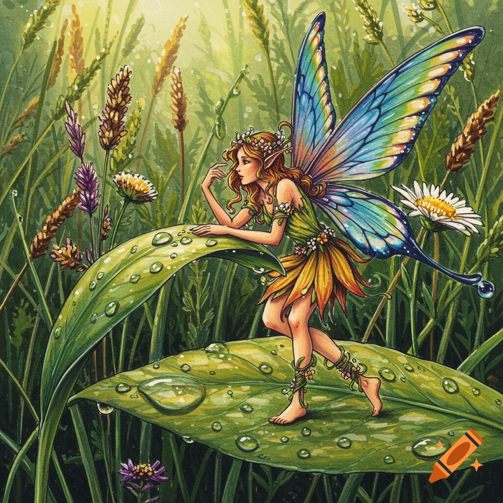 A detailed illustration of a fairy with colorful wings and an orange skirt, standing on a dew-covered green leaf amidst tall grass.